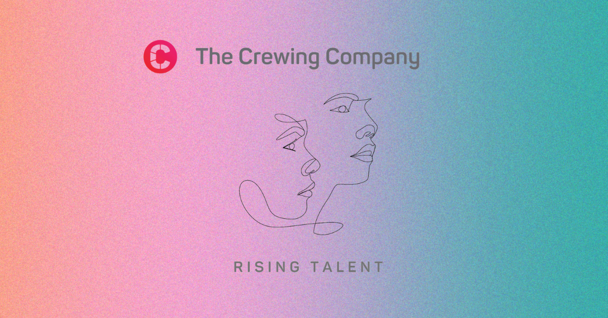 Colourful gradient background with the logo of the Rising Talent programme in grey font with an image of two faces.